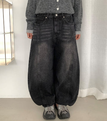 Yukan Cut Washing Denim Balloon Wide Pants